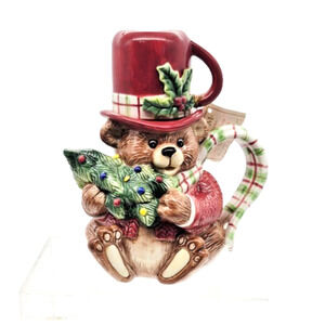 Fitz & Floyd Christmas Teddy Bear Snack Therapy Cocoa Teapot/Hat Cup Ceramic